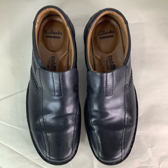CLARKS COLLECTION Cushion Ortholite Black Leather Oxford Slip On Shoes Sz 11 - Picture 7 of 10